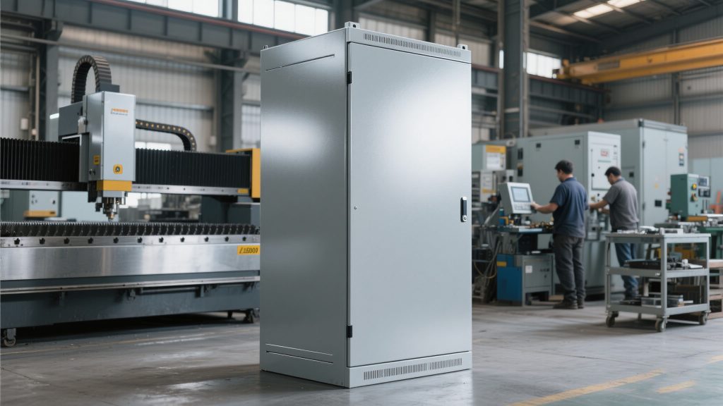 Standard cabinet, with the background of an electrical cabinet shell manufacturing factory (equipped with large laser cutting machines, bending machines, and other equipment)